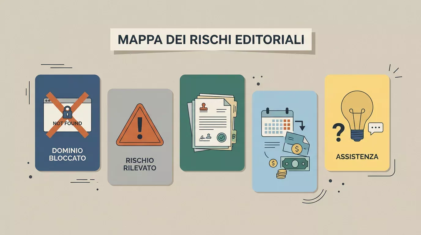 Mappa editoriale dei segnali di rischio con blocchi, documenti e promesse evidenziati