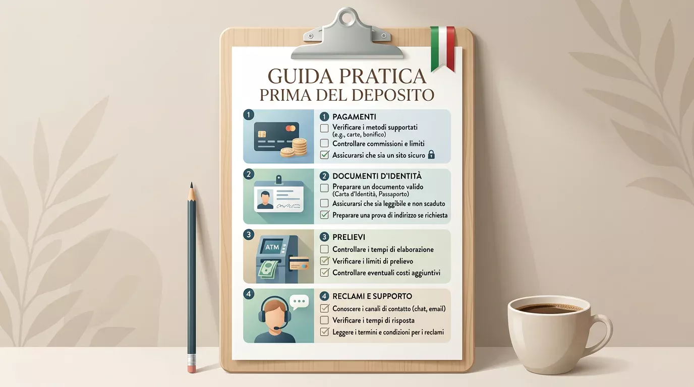 Checklist su documenti pagamenti prelievi e reclami prima del deposito